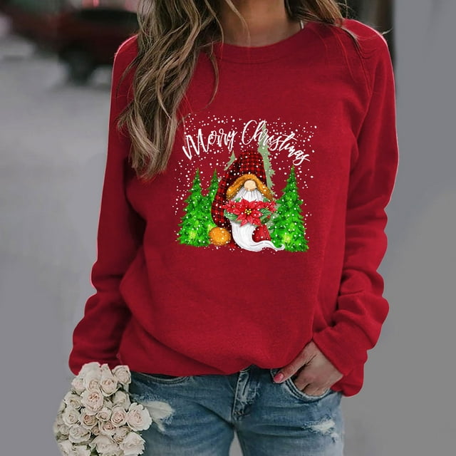 EGNMCR Chandail en Molleton de Noël Mode Femme Ample Imprimé de Noël Col Rond