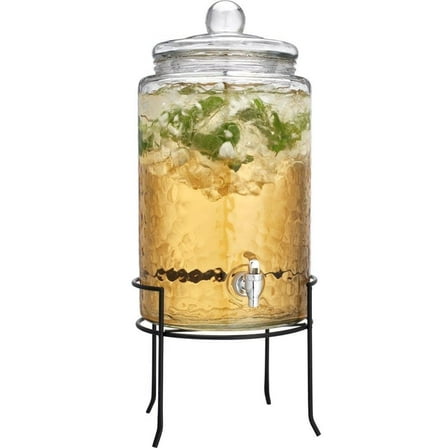 Drink Dispenser  3 Gallon Glass Hammered Beverage Dispenser with Metal Rack