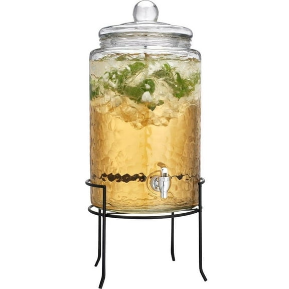 Drink Dispenser  3 Gallon Glass Hammered Beverage Dispenser with Metal Rack
