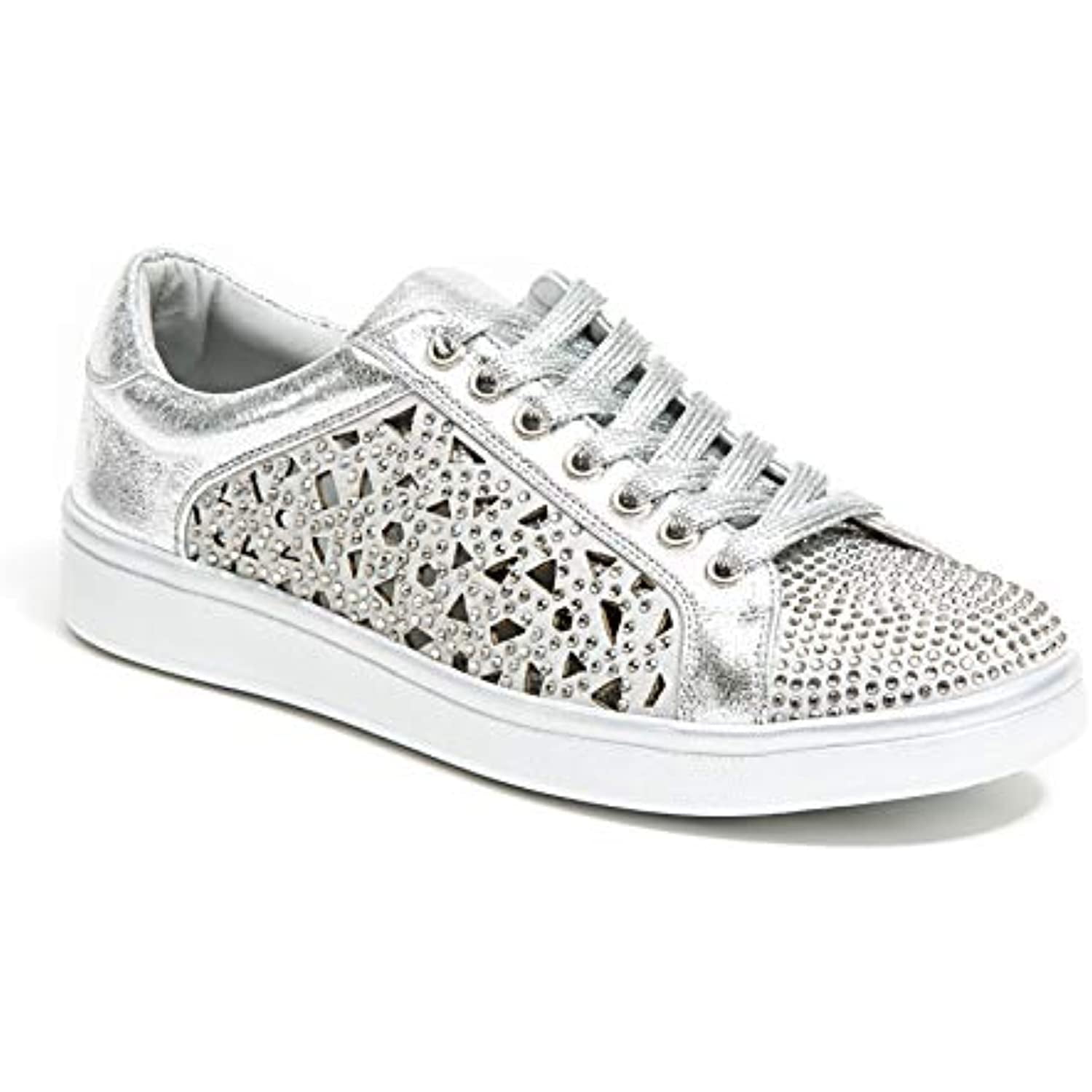 Lady Couture Paris Low Top Laser Cut Sneaker With Rhinesones, Silver, 36