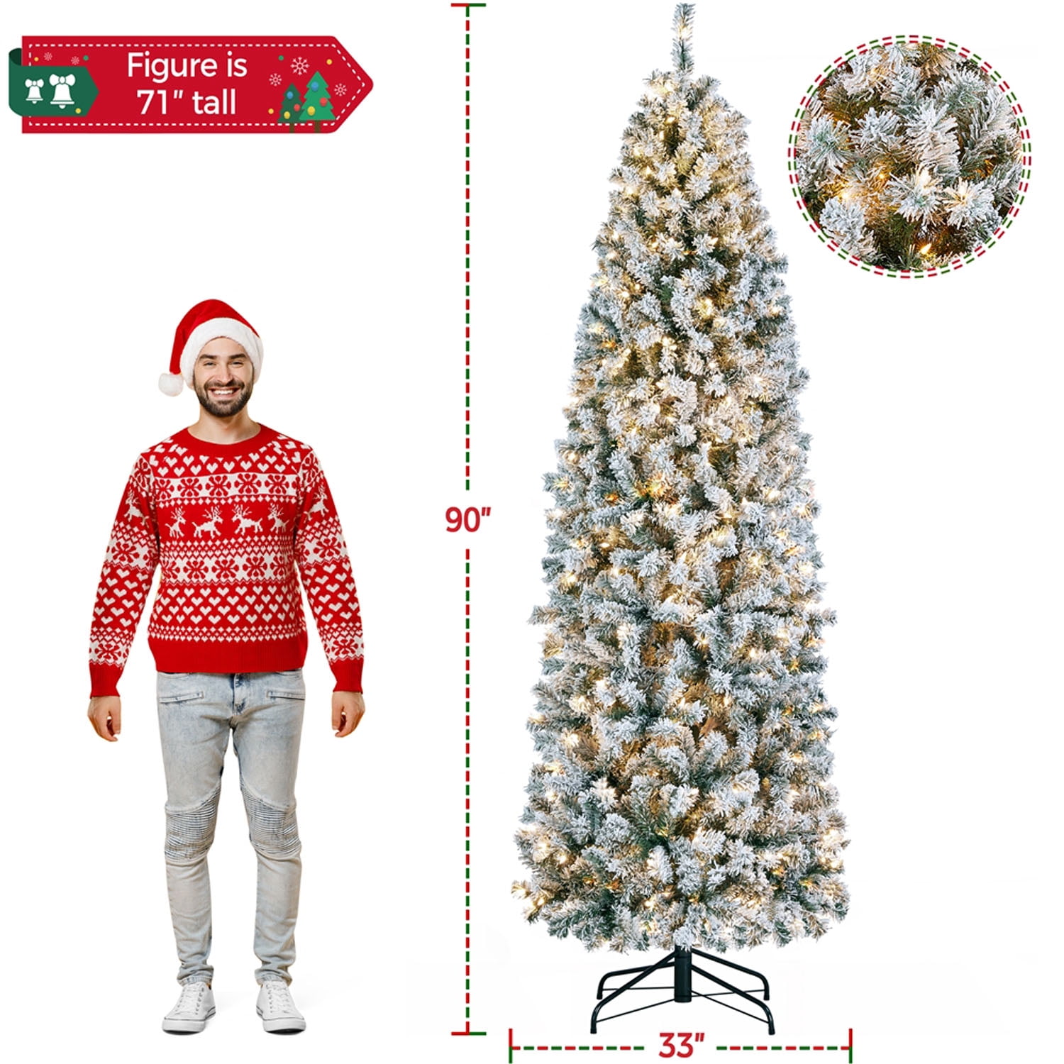 Alden Design 9ft Pre-Lit Flocked Pencil Christmas Tree with Warm White LED Lights, Green