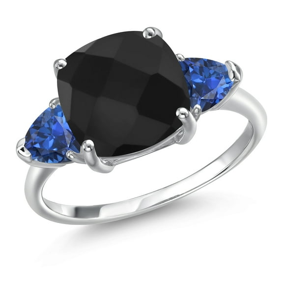 Gem Stone King 10K White Gold Black Onyx and Blue Created Sapphire Engagement Ring for Women | 4.88 Cttw | Cushion Checkerboard 10MM | Gemstone December Birthstone | Size 5