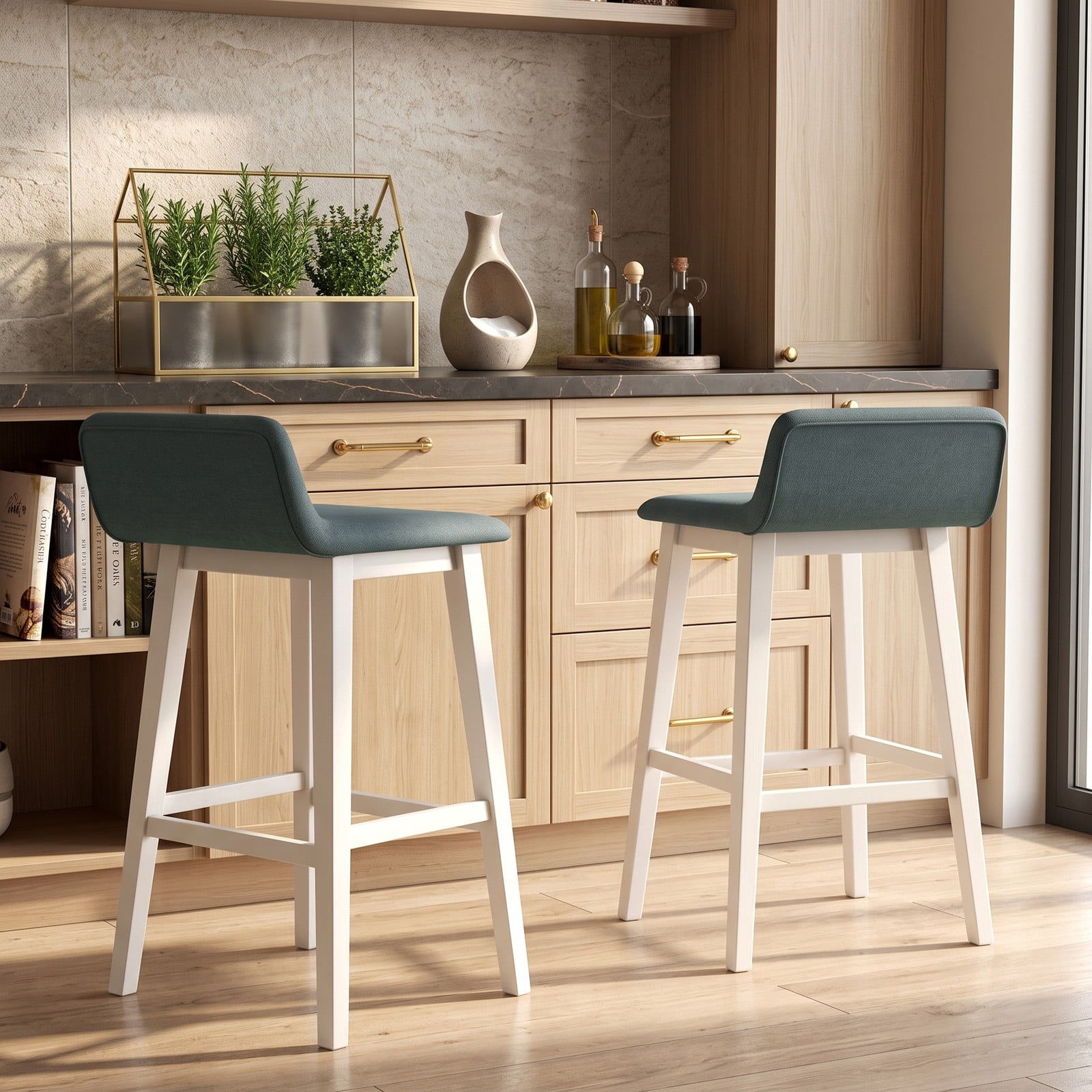 Furnibear 29 Inch Bar Stools Set of 1 Low-Back High-Top Chair with Padded Faux Linen Seat, Rubber Wood Legs and Built-In Footrest for Kitchen Dining Room Home, White