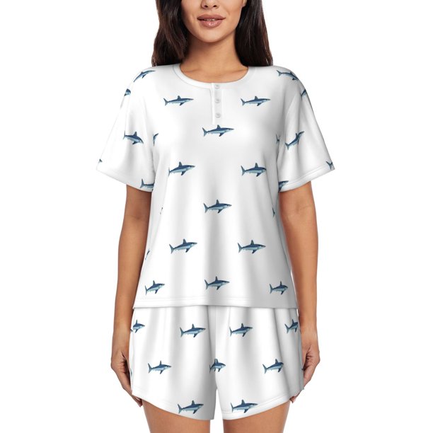 Fotbe Cute Shark Conjunto de Pijama Estampado para Mujer, 2 Piezas, Ropa de Dormir con Camiseta de Manga Corta y Shorts Suaves-Small