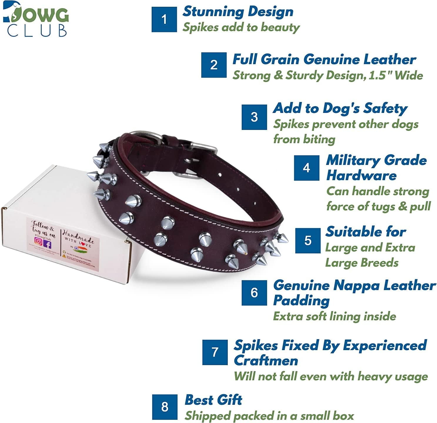DowgClub | Genuine Leather Heavy Duty Spiked Dog Collar | Full Grain, Cushion Sheep napa padding Inside, Comfortable, Strong | Best for Medium, Large, X-Large Breeds | Cherry, Black, Pink, Tan |