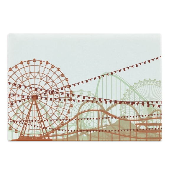 Ferris Wheel Cutting Board, Amusement Park Fun Silhouette of Rides with Flags, Decorative Tempered Glass Cutting and Serving Board, in 3 Sizes, by Ambesonne