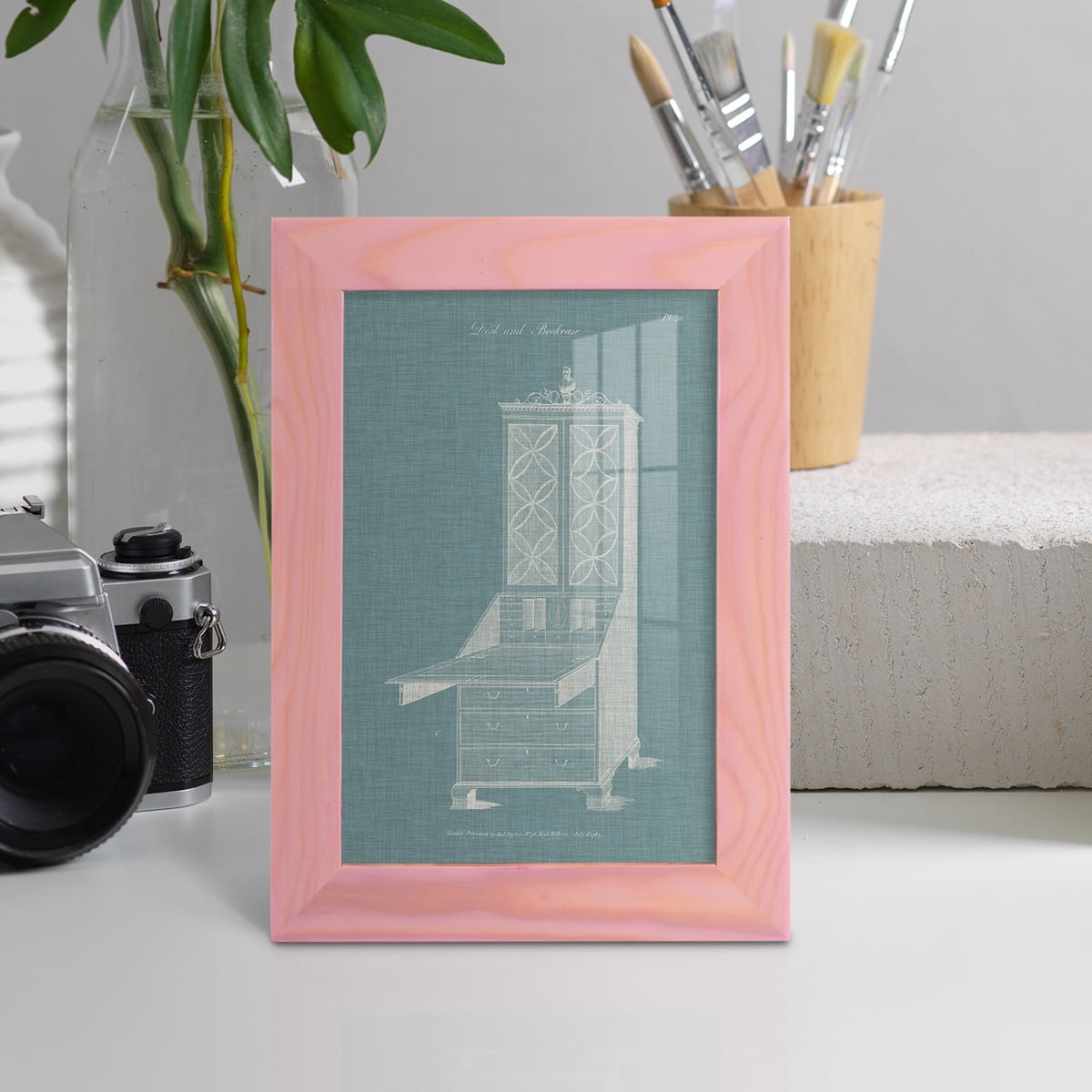 Hepplewhite Desk & Bookcase II - Framed Print w/glass - Sunset Pink