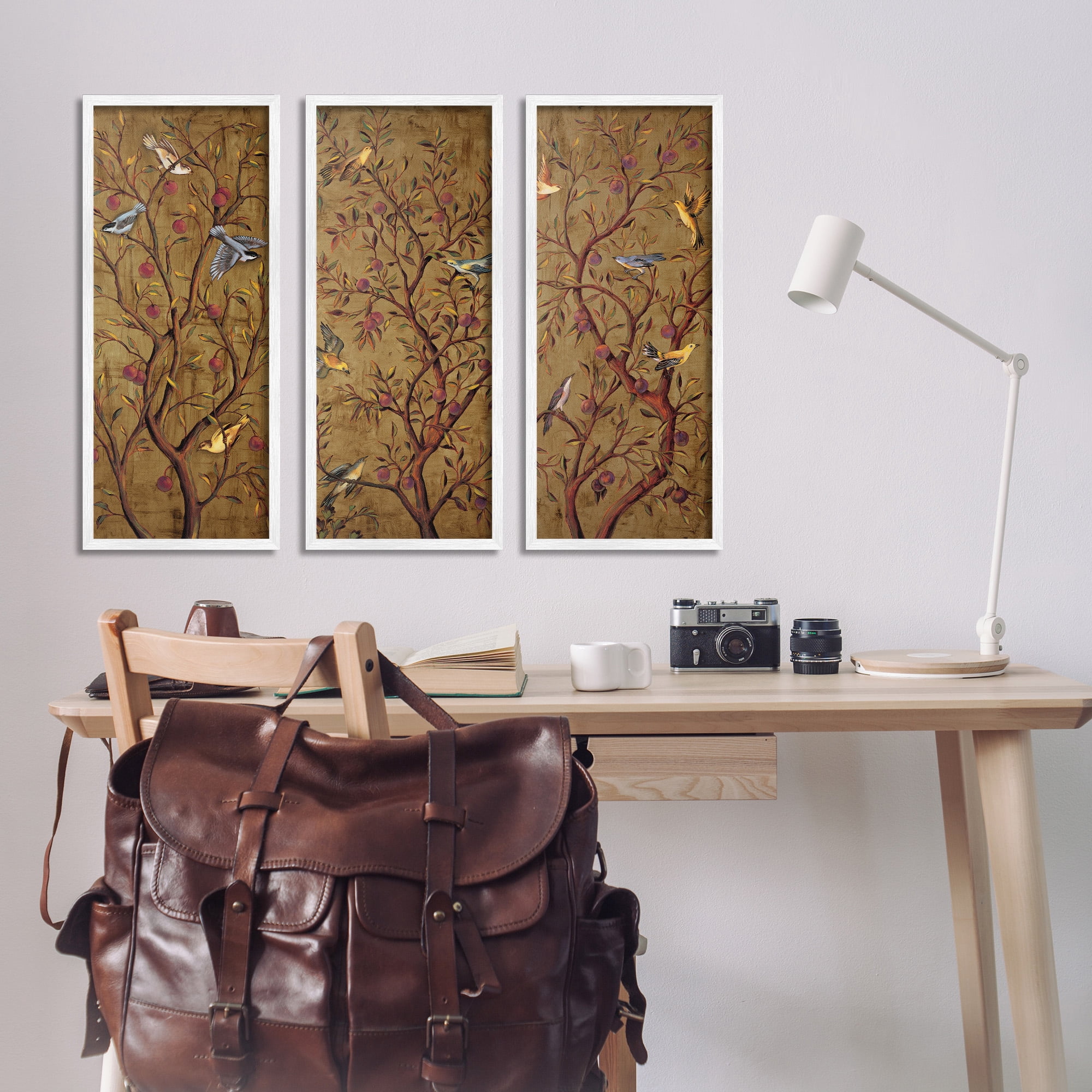 Stupell Industries Regal Plum Tree with Perched Birds Animals & Insects Painting White Framed Art Print Wall Art, 10 x 24, Set of 3