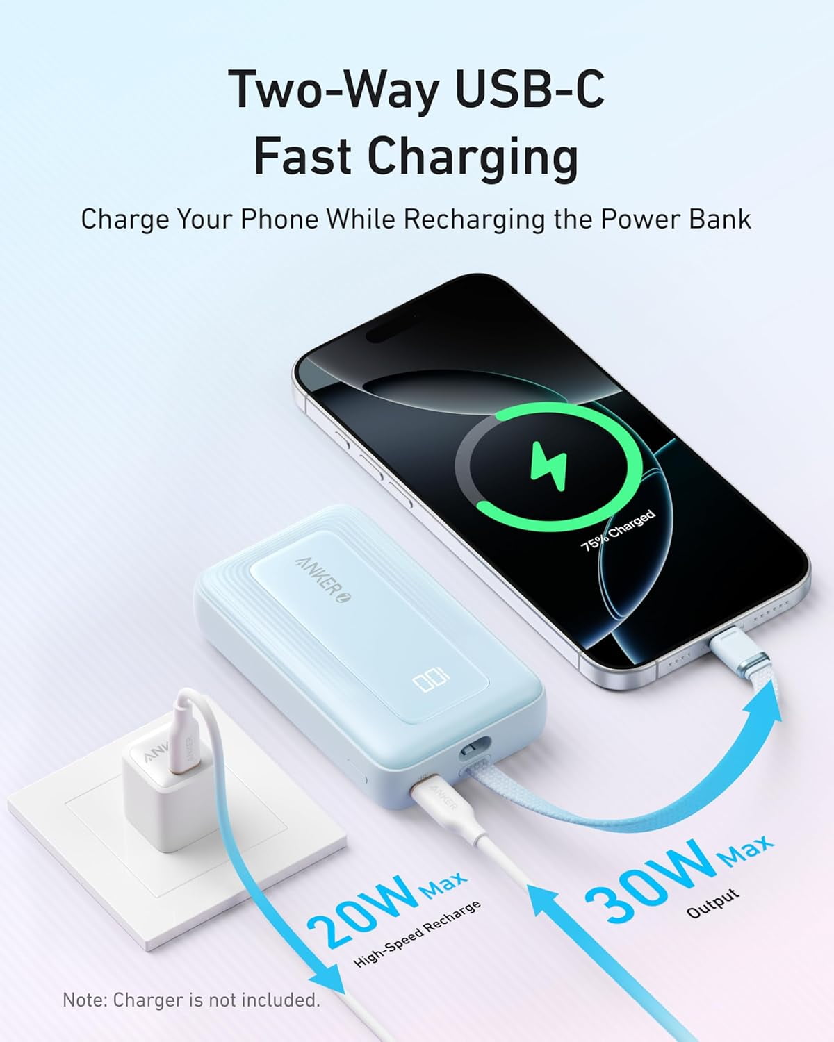 Anker Zolo Power Bank (2025 Upgraded Version), 20,000mAh 30W High-Speed Portable Charger with Built-in USB-C Cable