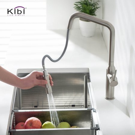 Kibi USA Brass High Arc Single Lever Kitchen Faucet with Pull Down Sprayer Brushed Nickel W/ Soap Dispenser Brushed