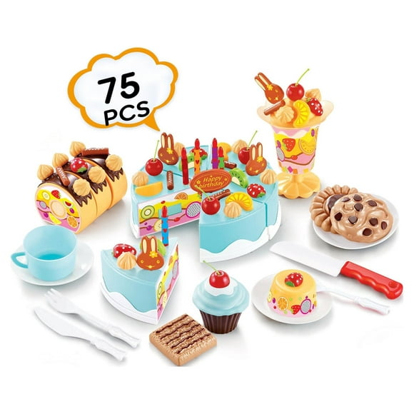 Birthday Cake Toy Play Food Set 75 Pieces Plastic Kitchen Set Pretend Play Mundo Toys Blue Ideal for Kids 3 4 5 6 Years