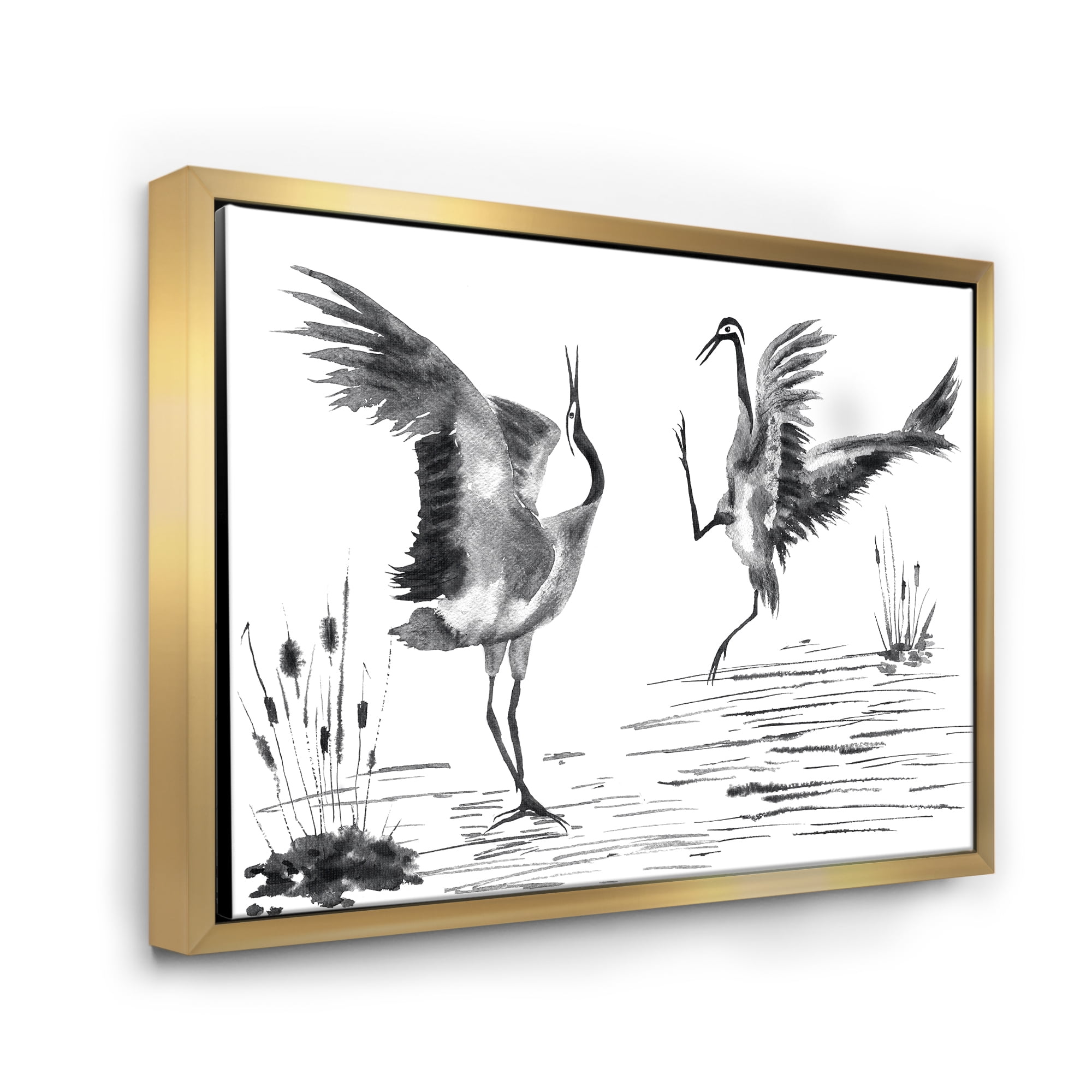 Designart 'Monochrome Two Enamored Japanese Cranes Birds' Traditional Framed Canvas Wall Art Print