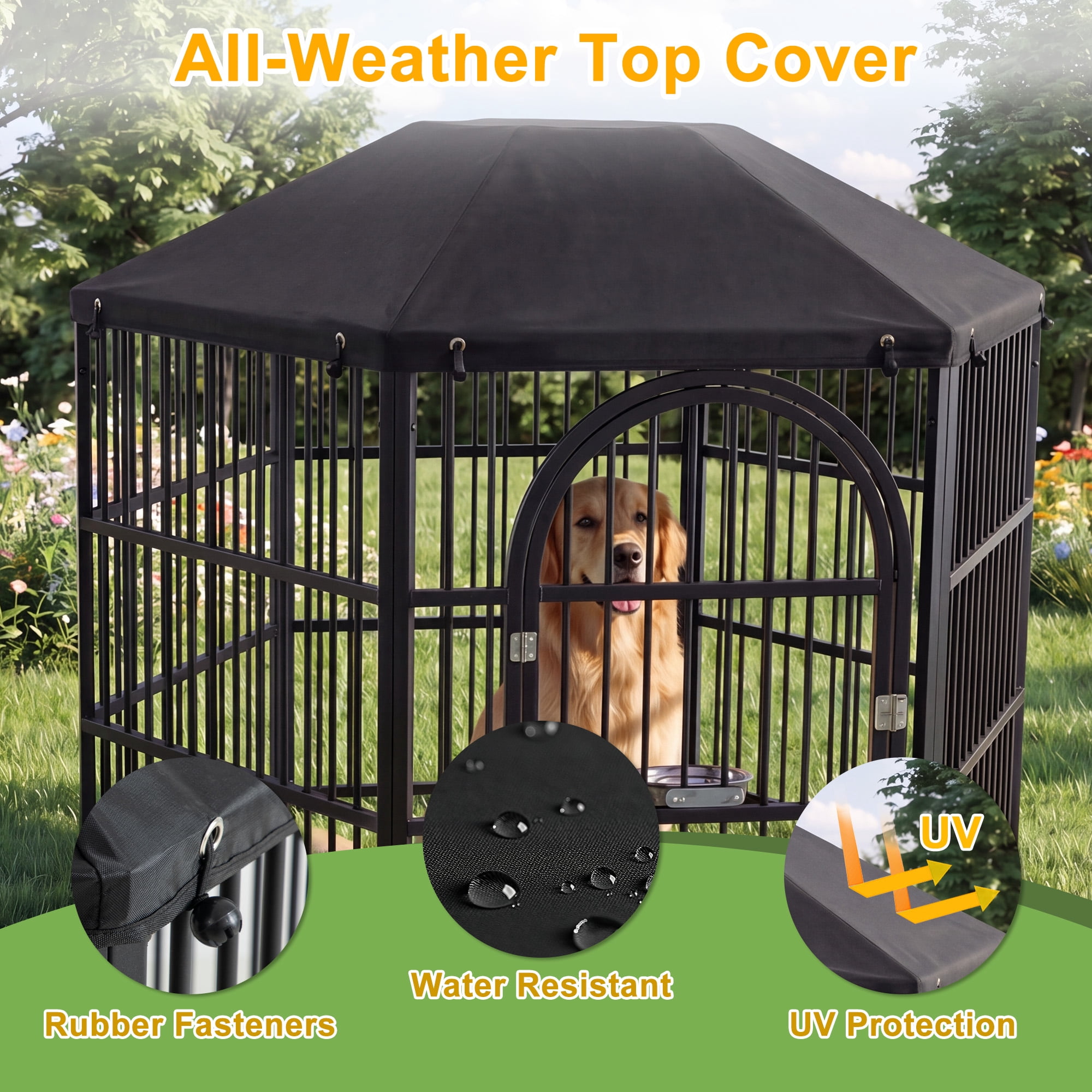 Okeysen 50 inch Hexagon Outdoor Large Dog Kennel with All-Weather Cover, Heavy-Duty Steel Frame, 5 Ground Anchors & Adjustable Bowl Stand