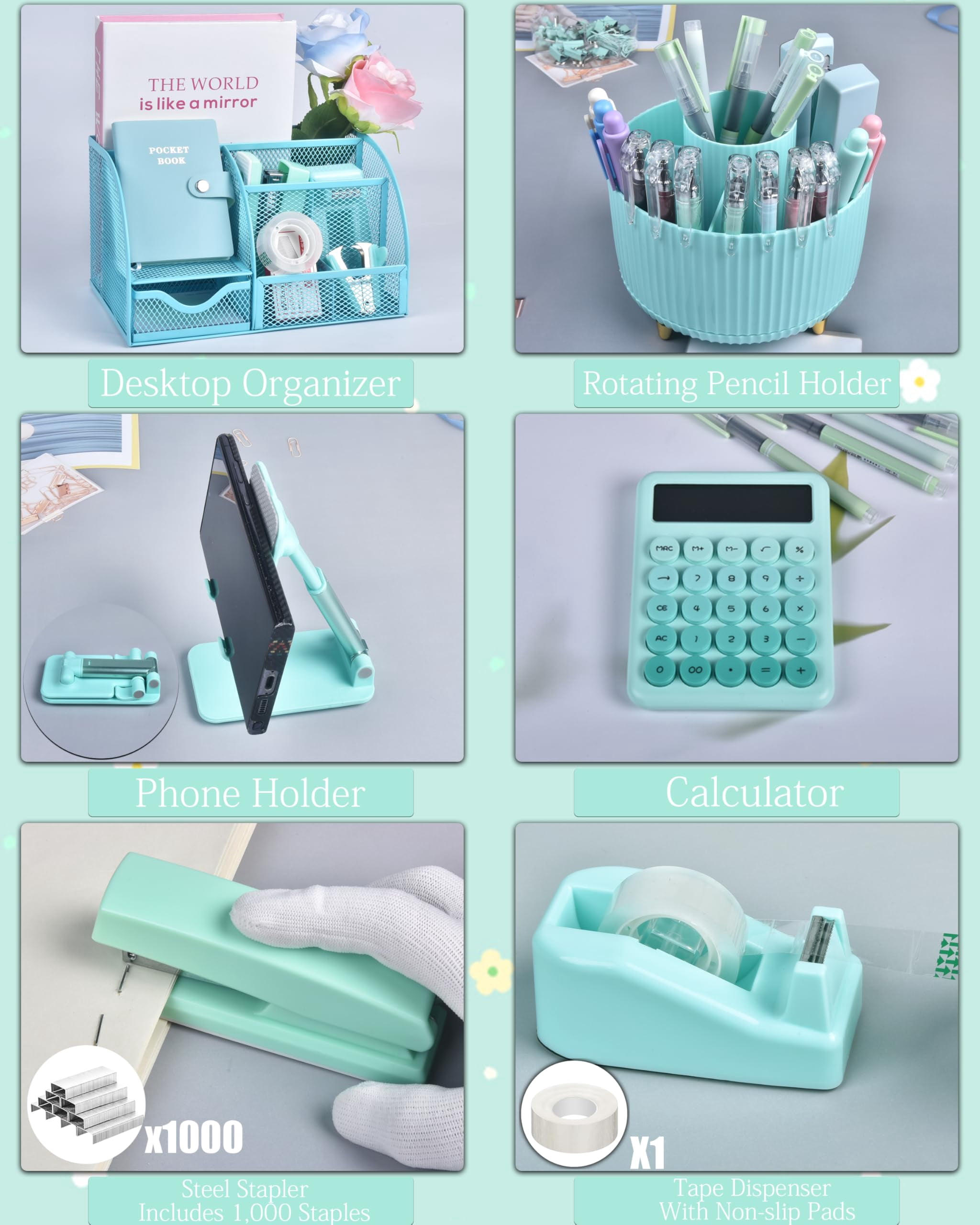 21pcs Green And Blue Desk Organizers Accessories With Mesh Organizer 360°rotating Pen Holder A Lot Of Office Supplies Beautifully Presented In Gift Box
