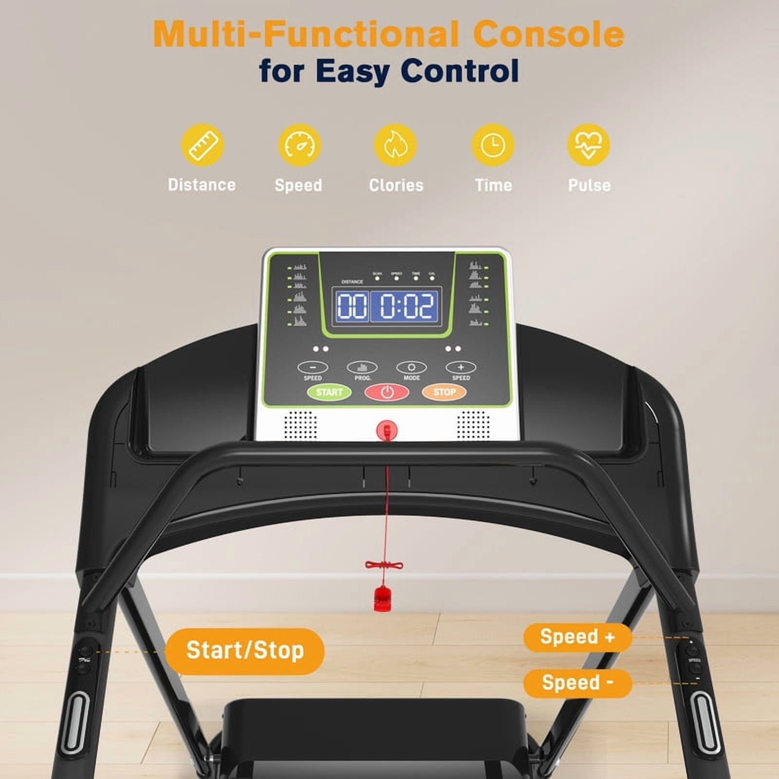 Redliro Senior Treadmill with Long Side Handrails, 300lbs Capacity, LED Display & Heart Rate Sensor, Safe Walking Treadmill for Elderly