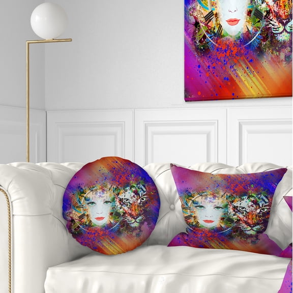 Designart Colorful Tiger and Woman Face - Abstract Throw Pillow - 12x20