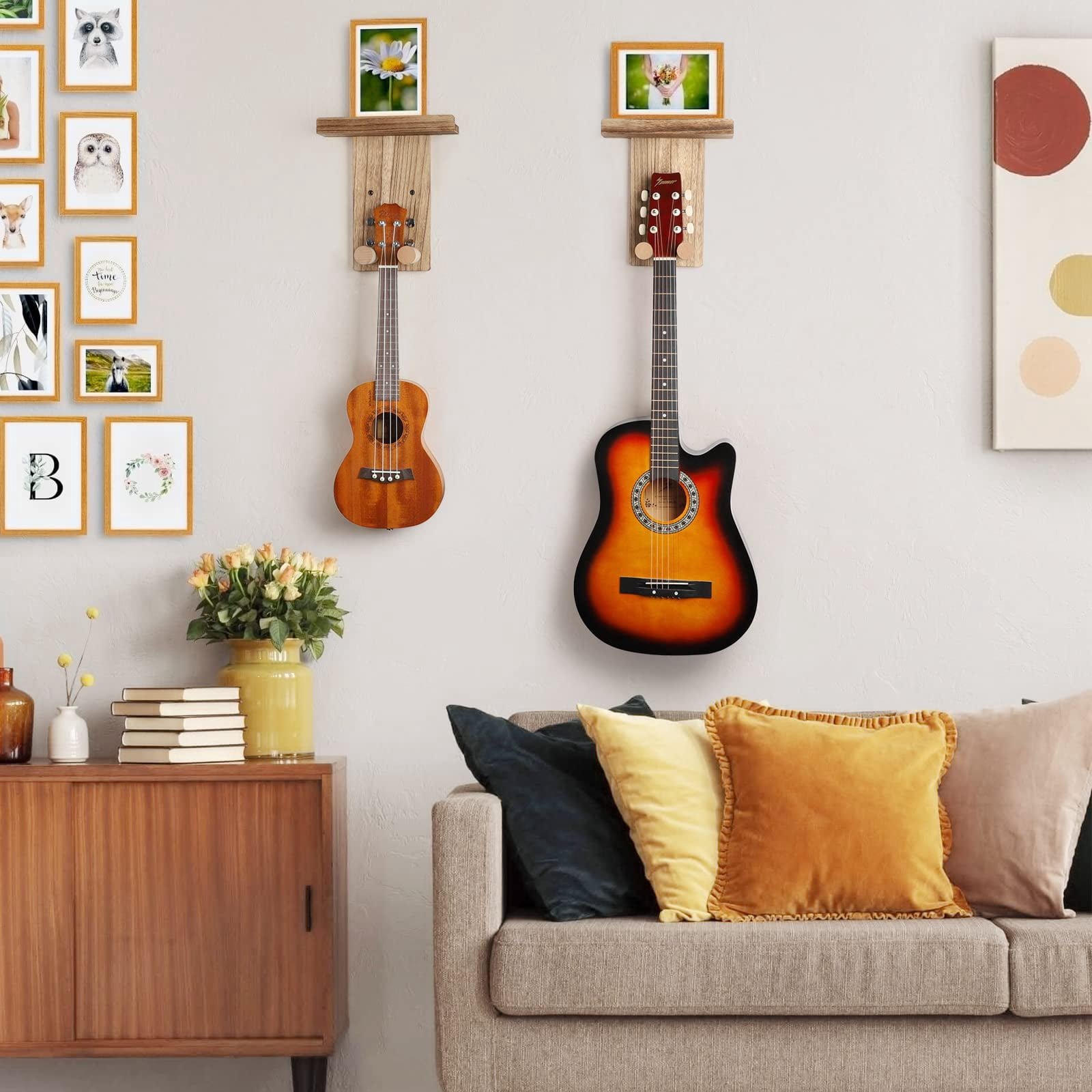 2 Pack Guitar Hanger Wall Shelf With Pick Holder Wood Rack For Acoustic  Electric Ukulele Bass Mandolin - Brown (patented)