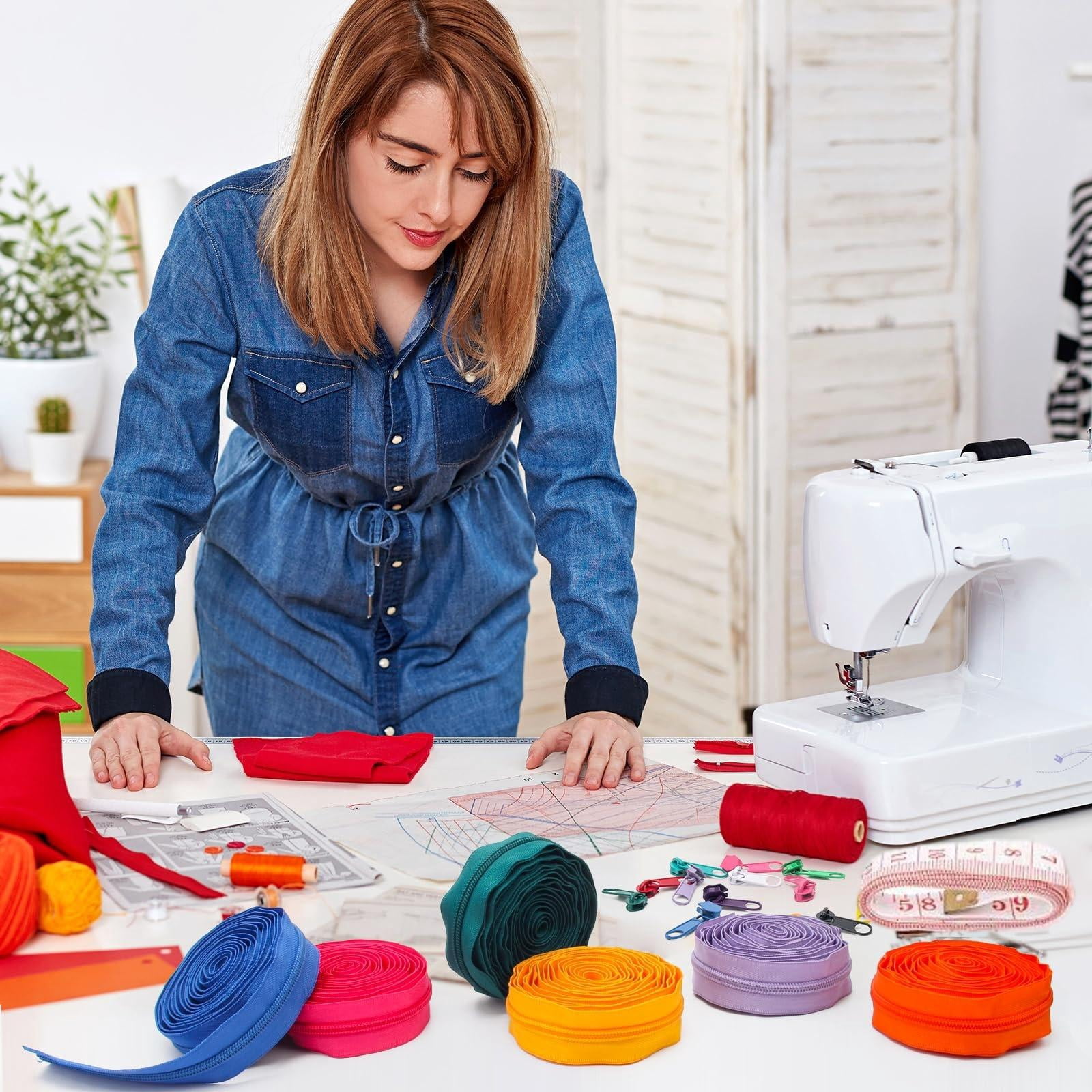45 yards 15 Colors #5 Nylon Coil Zippers with 90pcs Pull Heads, Scissor, Ruler, Assorted Lengths Sewing Zipper for DIY Sewing Crafts Zipper Tape for Clothes, Bag, Purse Making Supplies Kit