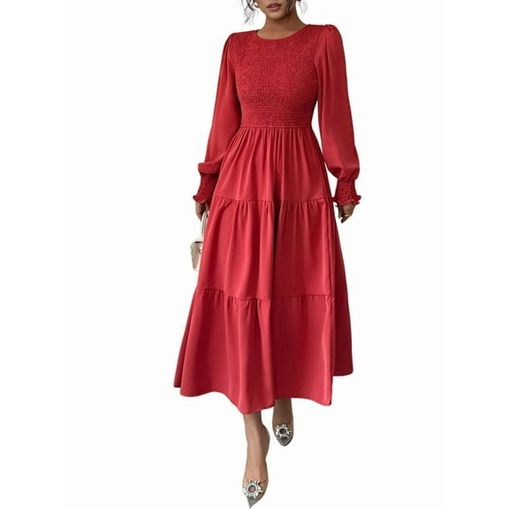 Fall Wedding Guest Dresses for Women Maxi Puff Long Sleeve Smocked Casual Crew Neck Tiered A Line Flowy Long Dress Red S