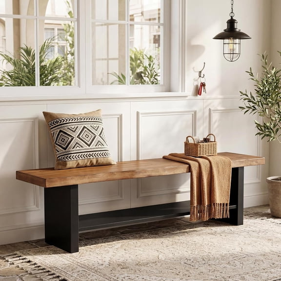 Tribesigns 2-Tier Solid Wood Bench with Shoe Storage, 55" Entryway Bench for Bedroom, Hallway, Rustic Brown