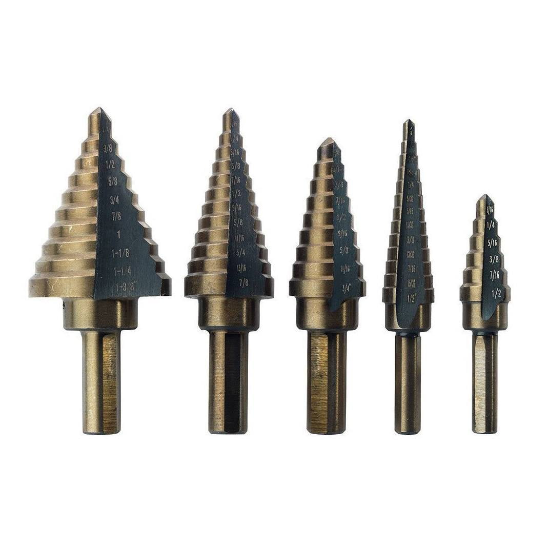 NEIKO 10197A Step Drill Bit Set, 5 Pc Step Bit for Metal, 50 SAE Sizes Total, 1/8” – 1-3/8”, SAE Titanium High Speed Steel Unibit, Stepper Cone Drill Bit, Two Flute Step Down Bits, Step Up Drill Bits