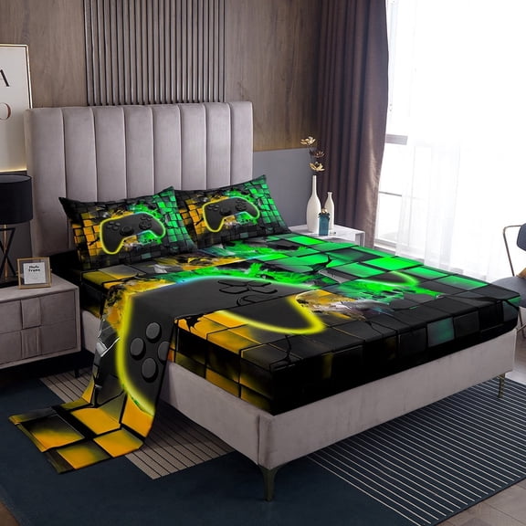 Erosebridal Black Gamepads Sheet Set Twin,Video Game Bedding Sets Twin Size,Golden Green Twin Sheet Sets,Microfiber Gamer Room Decor,3pcs
