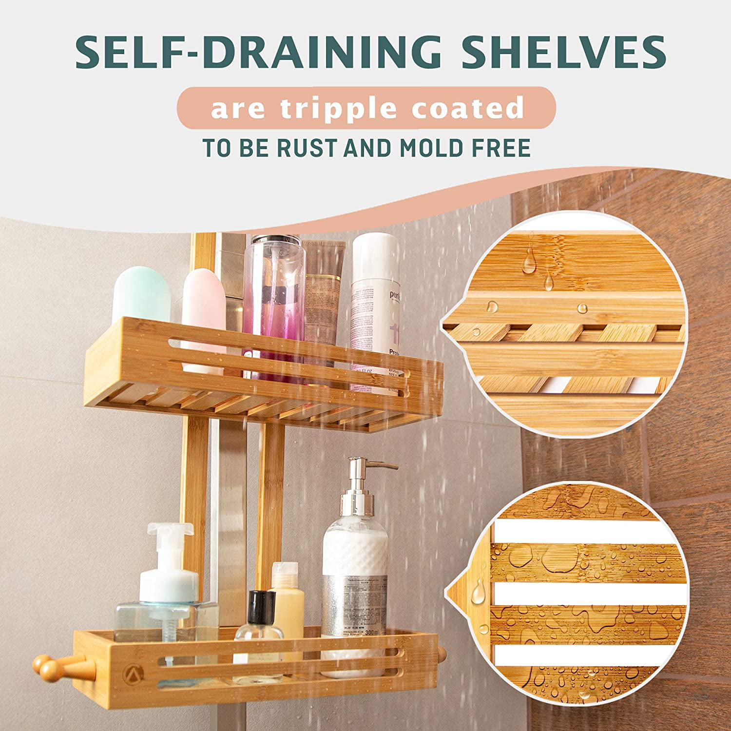 JumblWare Bamboo Shower Caddy, 11.7 x 26.8 Hanging 3-Tier Suction Cup  Shower Organizer