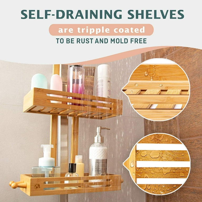 Crew & Axel Bamboo Hanging Shower Caddy Rustproof Made from Natural Bamboo  2 Level Storage Organizer Waterproof & Anti Stain - Over The Shower Head