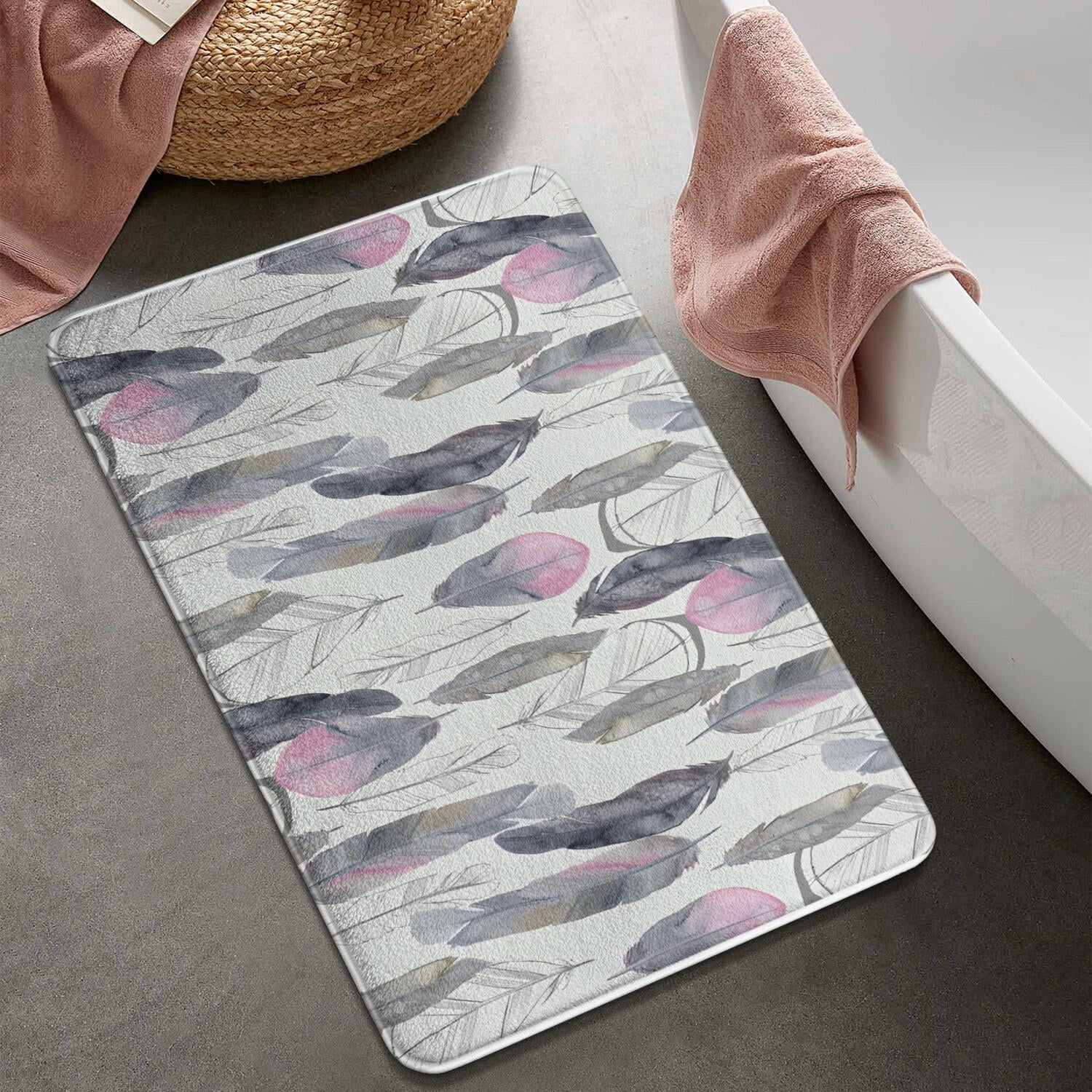 Pink and Grey Watercolor Feather Pattern Bathroom Rugs Mat,Non Slip Microfiber Bathroom Rug,Rubber Backing,Soft Bathroom Mats for Bathroom Floor,Tub and Shower,20x32in(50x80cm)