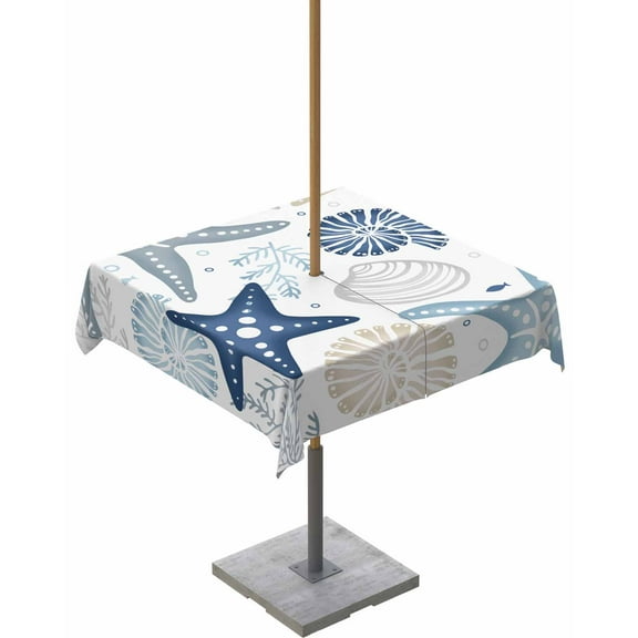 Coastal Starfish Nautical Coral Shell Square Tablecloth with Zipper,Waterproof Table Cloth with Umbrella Hole Patio Tablecloths for Outdoor Tables,Summer Ocean Beach Sealife Spillproof Table Cover