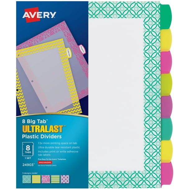 Avery Ultralast Big Tab Plastic Dividers for 3 Ring Binders, 8-Tab Set, Assorted Designs with White Labels, 1 Set (24903)