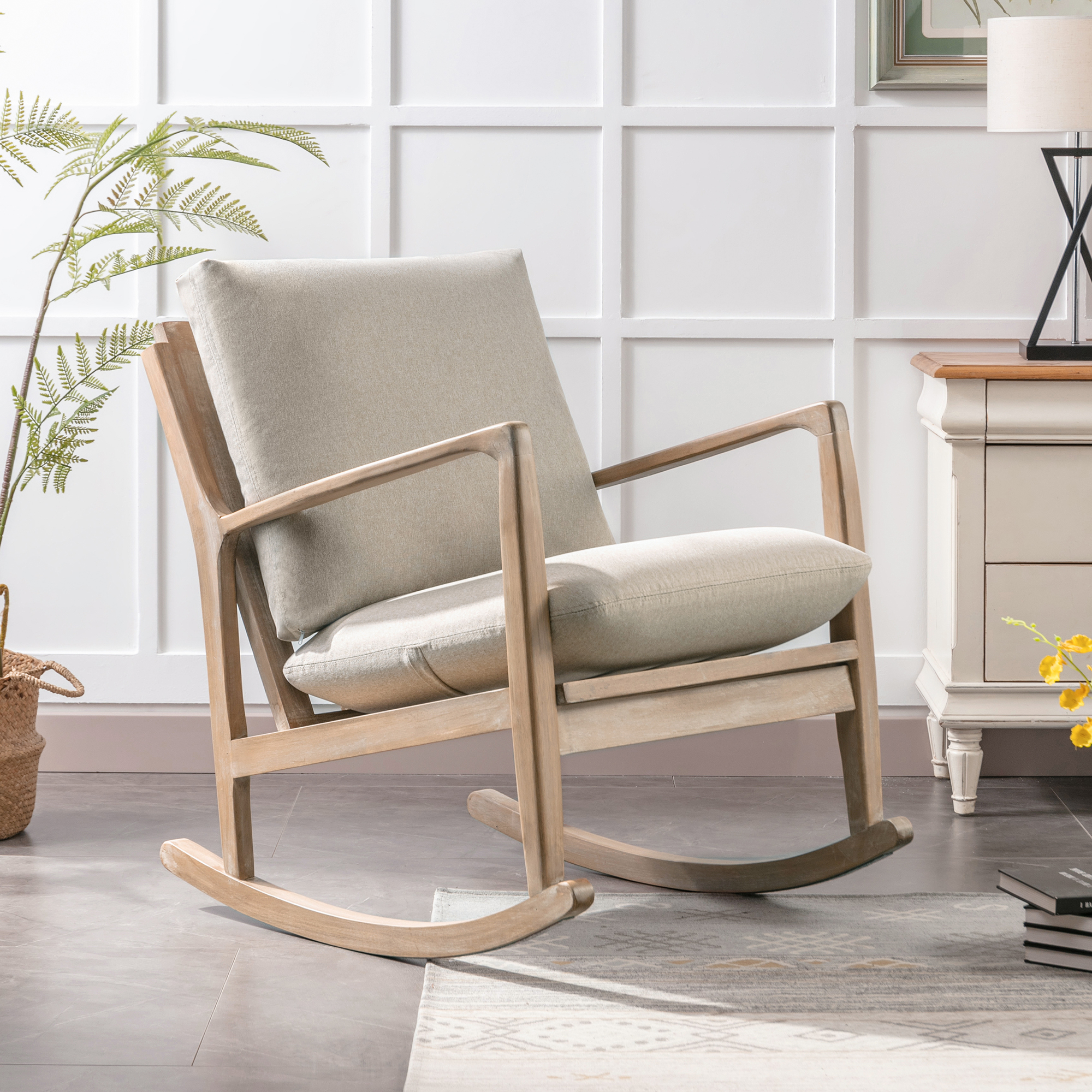 Solid Wood Rocking Chair, Linen Fabric Upholstered Comfy Accent Chair for Porch, Garden Patio, Balcony, Living Room and Bedroom, Beige - image 2 of 9