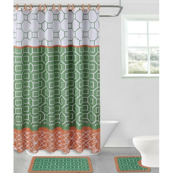 Set of 15 pieces Diamond Sage High Quality for Bathroom Toilet Rug 17" x 18",Bath Mat 18" x 30" Non slip , 1 shower curtain 70" x 72", 12 rings covered Machine Wash