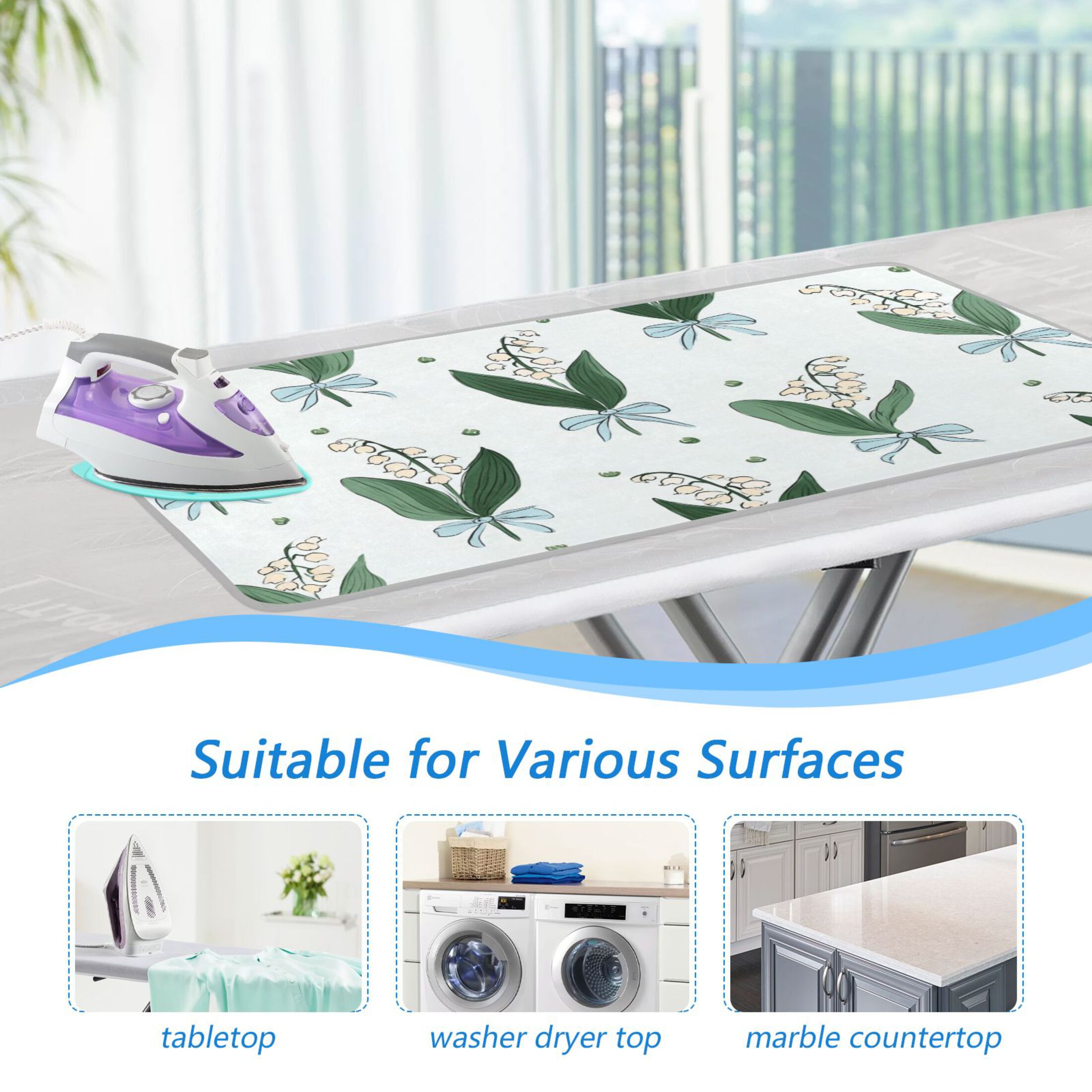 Blue Bows Tie on Flowers Ironing Mat Blanket Portable Travel Ironing Pad Heat Resistant Pad 47.2" x 27.6”