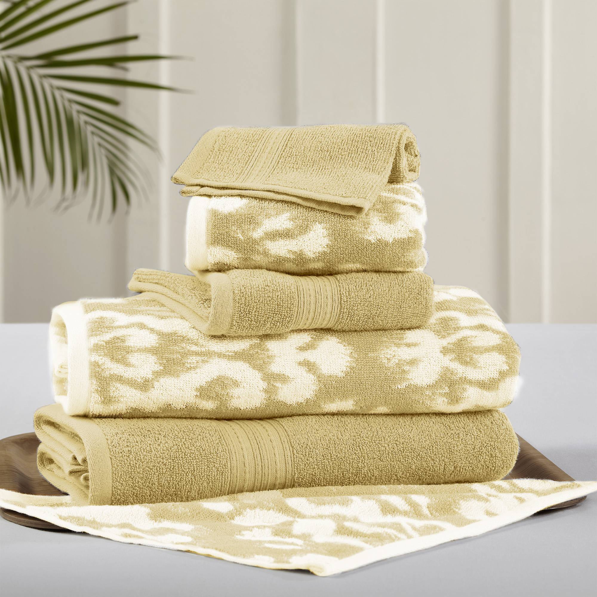 6 Piece Reversible Yarn Dyed Jacquard Towel Set, Ikat Damask, Gold
