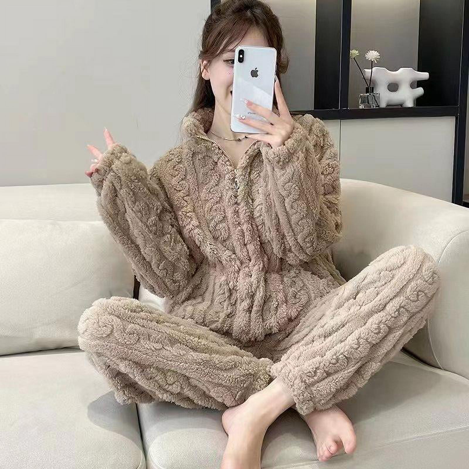 Pyjama Velours épais Pour Femme - Ensemble Manches Longues, Couleur Unie, Confort Hiver, Intérieur Maison