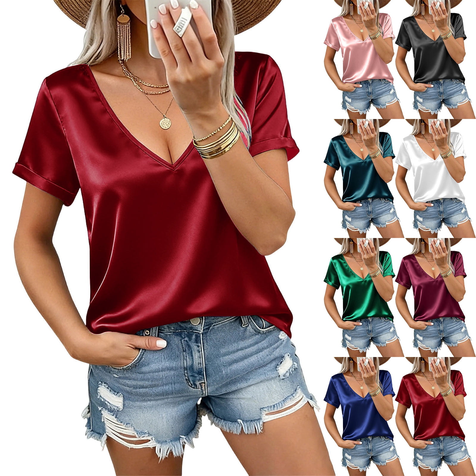 Women's V Neck Short Sleeve Top Shirts Blouses for Business Casual Office Work and Daily Casual Wear Fashion Essential Gift for Women | Aestivo,Black L