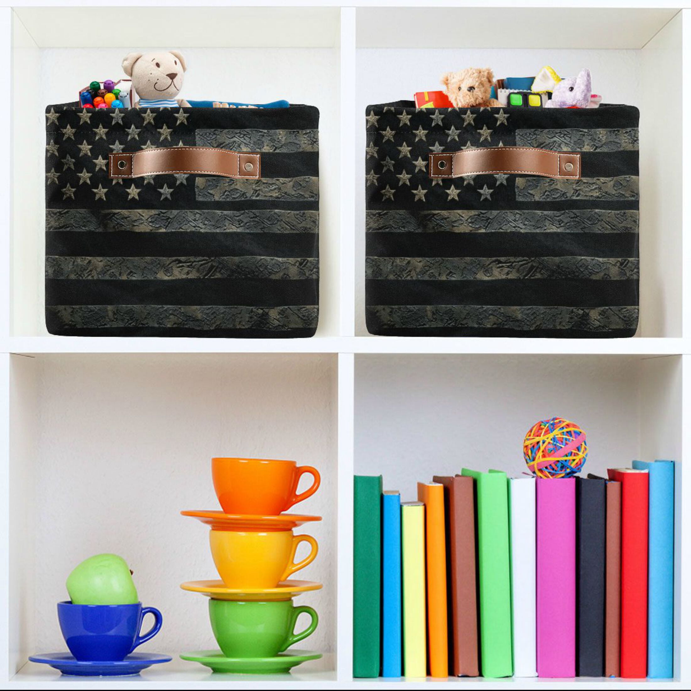 WOBOGO Black Design American Flag Square Storage Basket with Waterproof Canvas and PE Lining Durable PU Leather Handles 14.2×10.2×8.3in