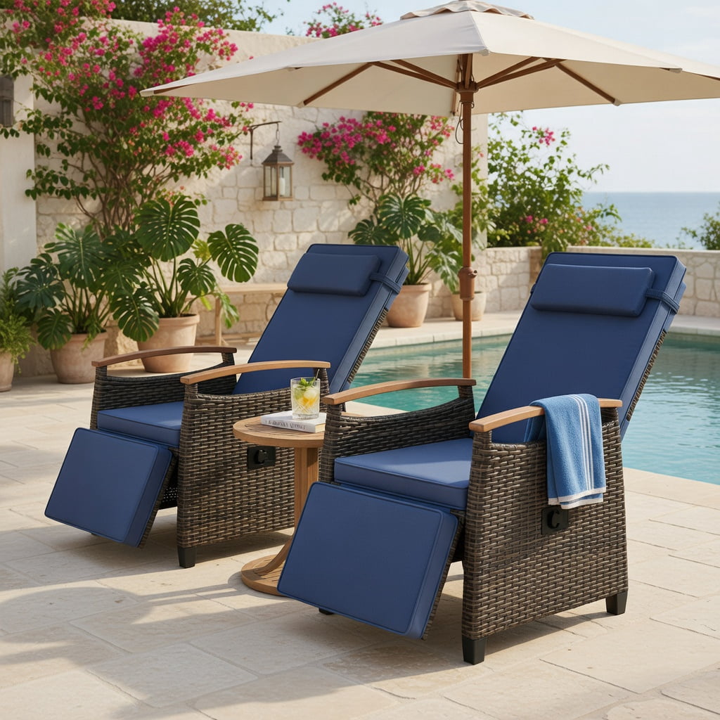 Hommoo Adjustable Wicker Recliner Chair with Footrest & Removable Cushions, PE Rattan Patio Seating for Backyard, Porch & Balcony, Navy