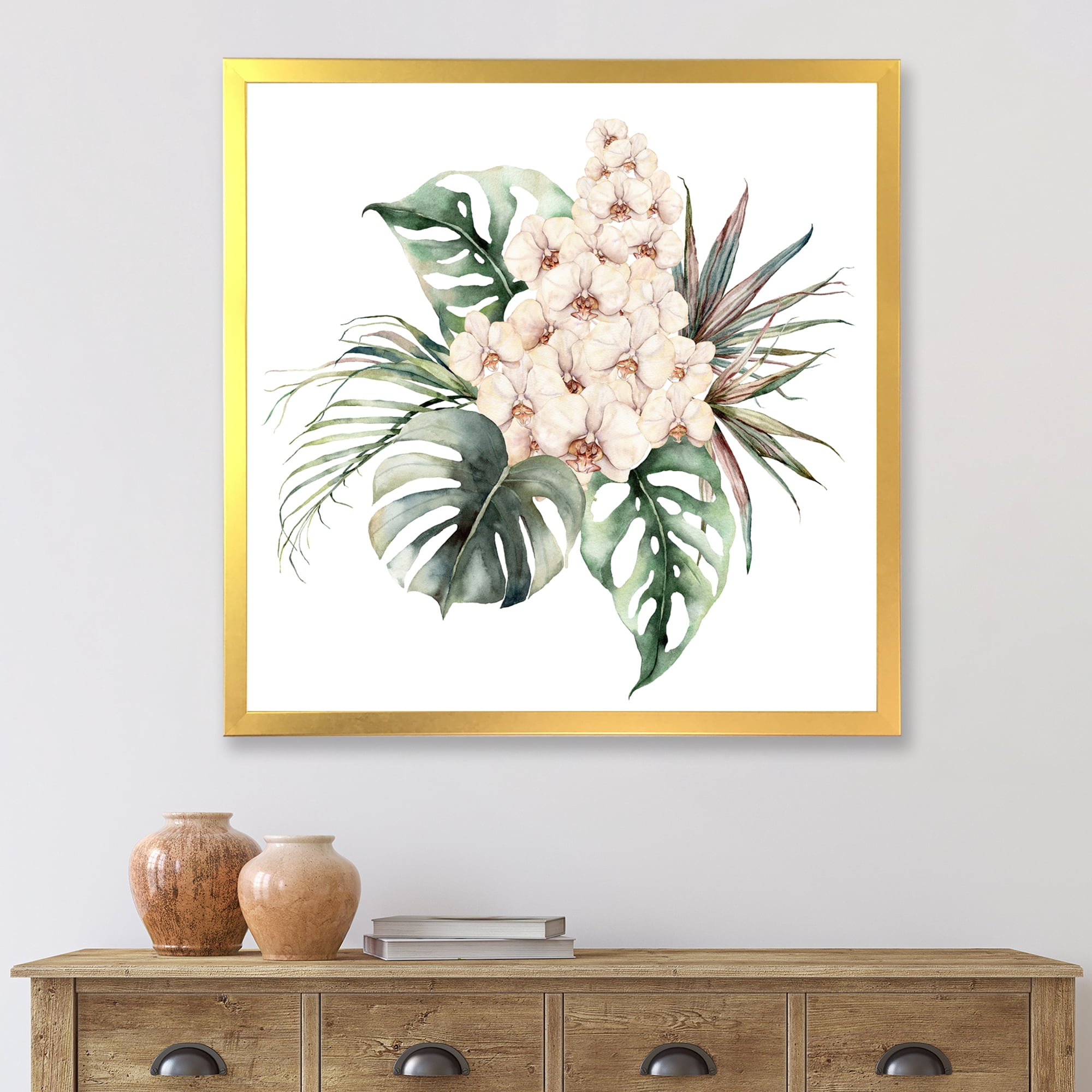 Designart 'Bouquet With Orchids Coconut Leaves and Monstera ' Traditional Framed Art Print