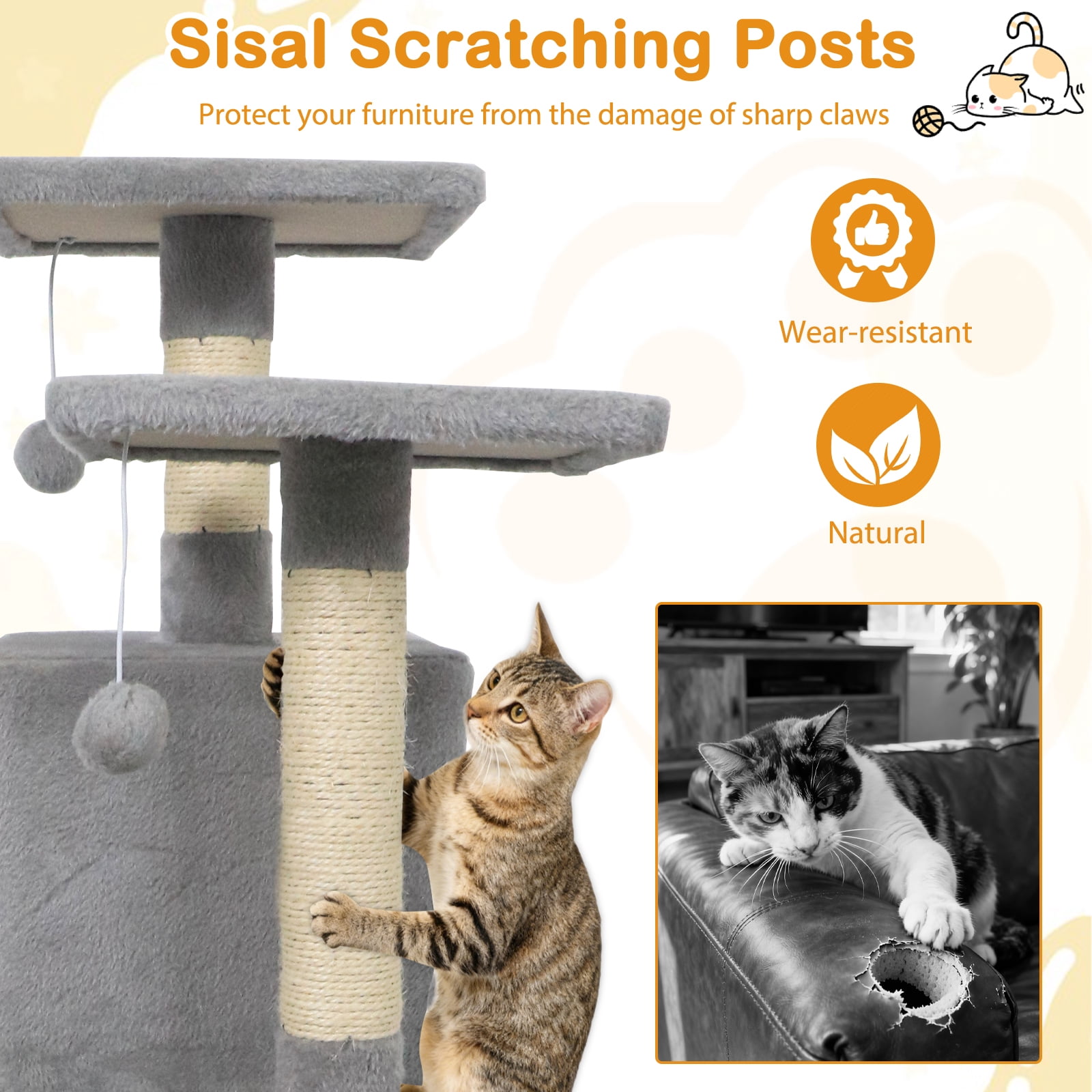 Gymax 57'' Cat Tree for Indoor Cats w/ Dual Condos Hammock Sisal Scratching Posts
