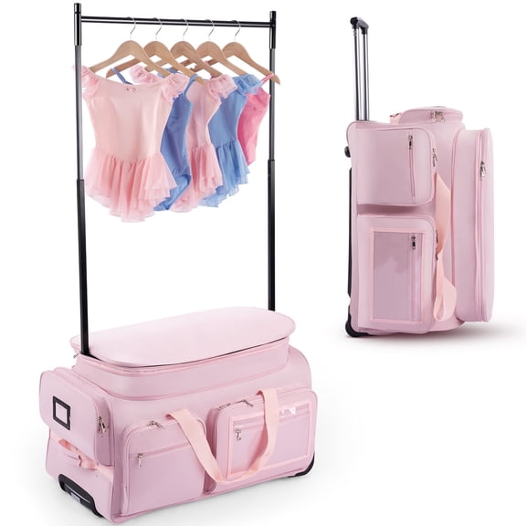 Dance Bag with Garment Rack,28" Pink Clothes Rolling Duffel Dance Bag with Rack Dance Costumes Garment Bags For Travel, Garment Duffle Bag For Dance Competition Travel Bag with Garment Rack
