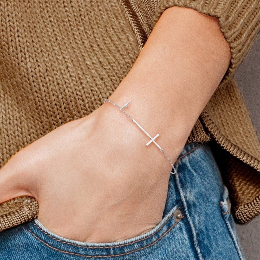 Diamond2Deal 925 Sterling Silver Rhodium-plated Sideways Cross with 1" ext. Cable Chain Bracelet for Men 8"