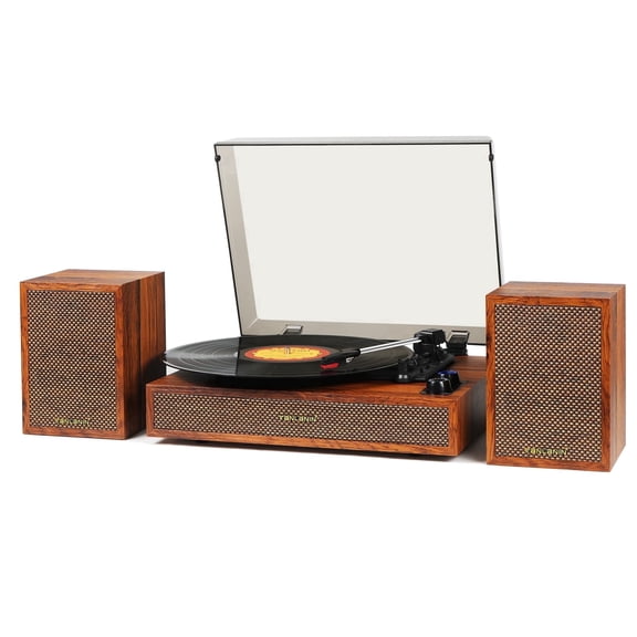 TANLANIN Brown Wood Record Player with External Speakers, Bluetooth, 3-Speed