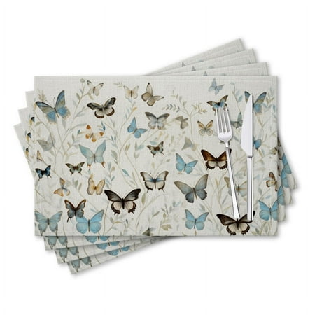 

BaHomeck placemats Set of 4 rectangle Linen Cotton Placemats for Dining Table Washable Heat Resistant 18*12inch White Wallpaper With Various Blue And Brown Butterflies
