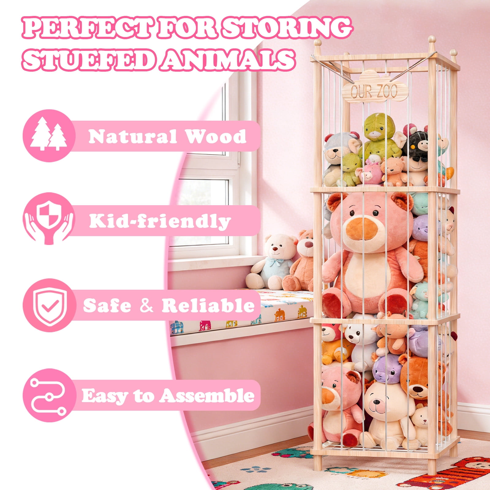 Fowroa Stuffed Animal Storage ,Wooden Zoo Toy Storage , Plushie Organizer Holder Rack with Elastic Cords