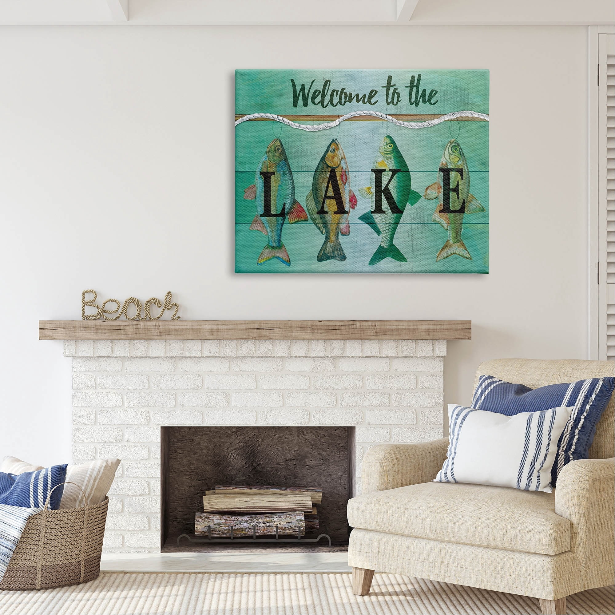 Stupell Industries Welcome To The Lake Fishing Rope Coastal Painting Gallery Wrapped Canvas Print Wall Art
