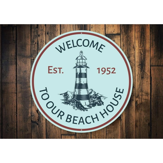 Beach House Lighthouse Novelty Sign, Metal Wall Decor - 12" Round
