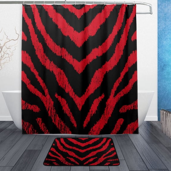 TTYFWHD 60" x 72" Shower Curtain and Bath Mat Set Bold Crimson Chevron Pattern Waterproof Bathroom Curtain with 12 Hooks, Bathroom Decor Set