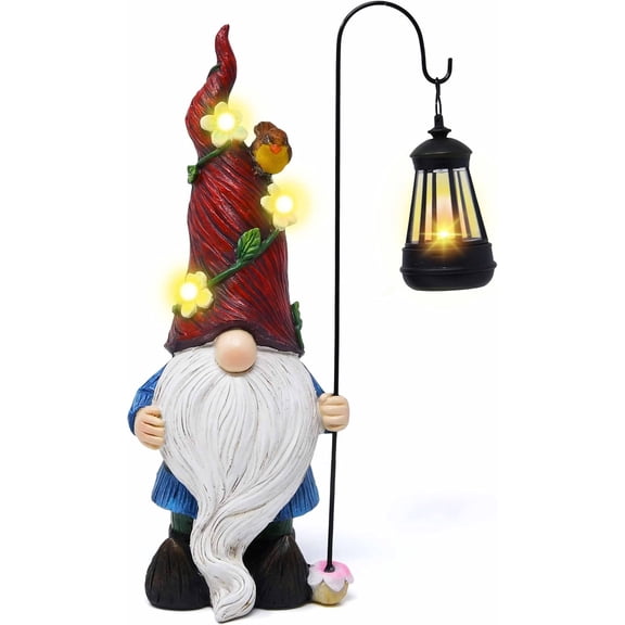 Gift Boutique Resin Gnome Garden Statue with LED Lantern Light, Outdoor Holiday Yard Decor for Patio Lawn Pathway, Multicolor